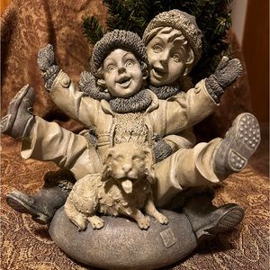 Jaimy Resin Statue; 2 children & Puppy on a Snow Tube